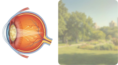 Clouded lens cross-section and blurry park scene